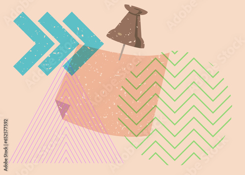 Risograph notepaper with pinned pushbutton with geometric shapes. Object in trendy riso graph design. Geometry elements abstract risograph print texture style.