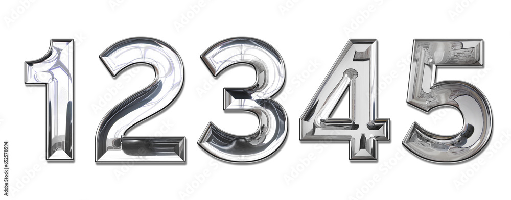 realistic silver chrome metal numbers 1-5 transparent PNG file - obrazy, fototapety, plakaty 