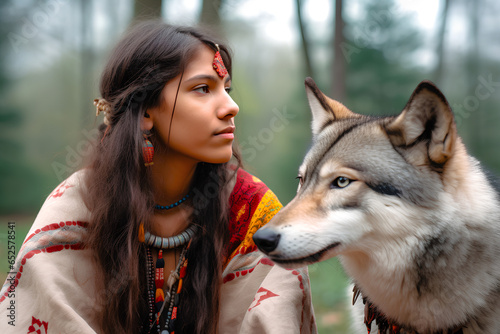 インディアンの女性とオオカミ photo