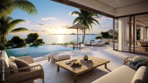 a beachfront villa with panoramic ocean views, outdoor lounges, and luxury in paradise