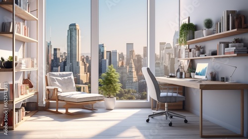 a chic office space with ergonomic furniture, natural light, and a minimalist desk setup