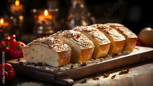 close up of pan de muertos decorated sliced bread