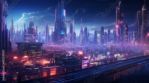 a cyberpunk-inspired backdrop with neon-lit cityscapes and advanced technology