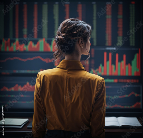 Business woman in stock market, she is looking at the crypto stock charts.