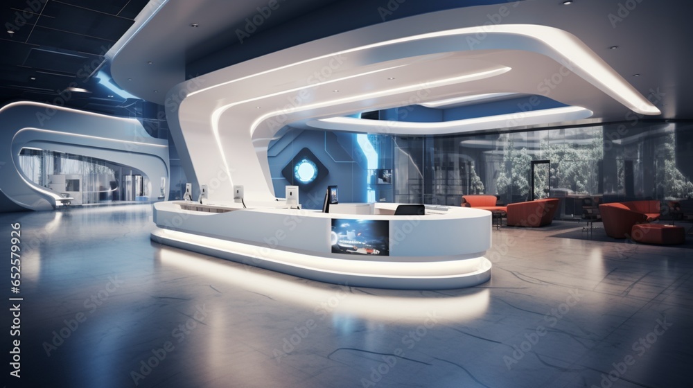 a futuristic office lobby with high-tech displays, a reception desk, and a welcoming vibe
