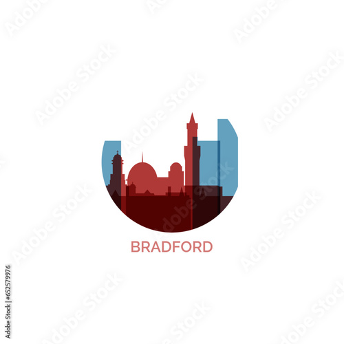 UK England Bradford cityscape skyline capital city panorama vector flat modern logo icon. Great Britain West Yorkshire emblem idea with landmarks and building silhouettes