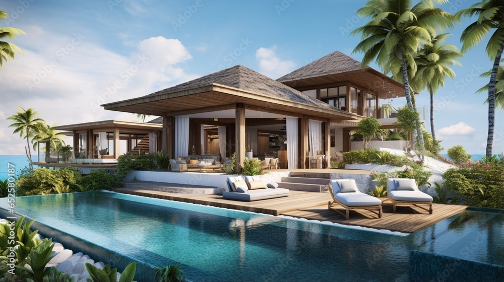 a lavish beachfront villa with a private beach, infinity pool, and tropical landscaping