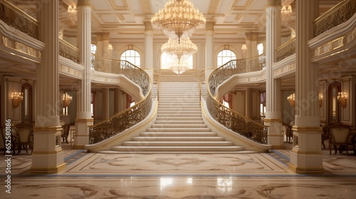 a lavish ballroom with crystal chandeliers, ornate columns, and a grand staircase