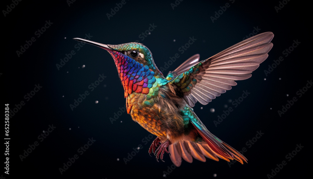 Obraz premium Hummingbird flying, feather iridescent, beak spread wings, hovering mid air generated by AI