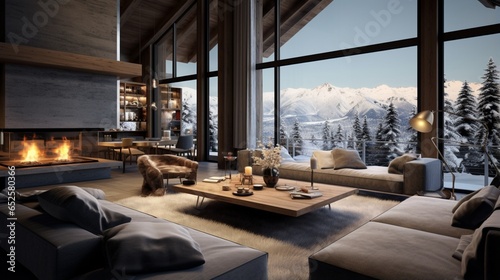 a luxurious ski chalet with a roaring fireplace  fur throws  and alpine views