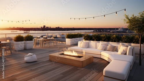 a minimalist rooftop bar with sleek design, essential seating, and a chic urban atmosphere