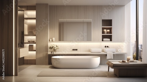 a minimalist bathroom with clean design, neutral tones, and a spa-like ambiance