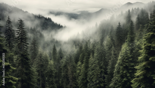 Tranquil scene of a mountain range  fog  and coniferous trees generated by AI