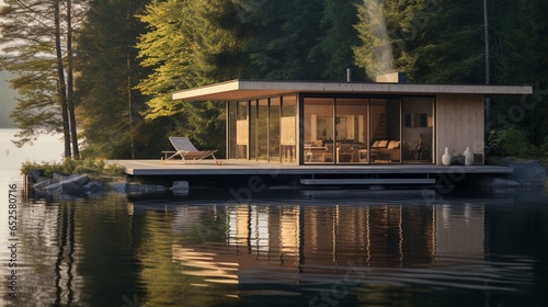 a minimalist lakeside cabin with uncluttered spaces, essential coziness, and a serene natural setting