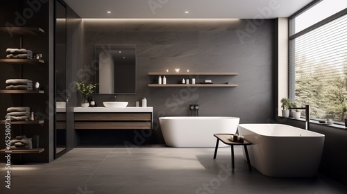 a minimalist bathroom with luxury fixtures, monochromatic tiles, and a spa-like feel