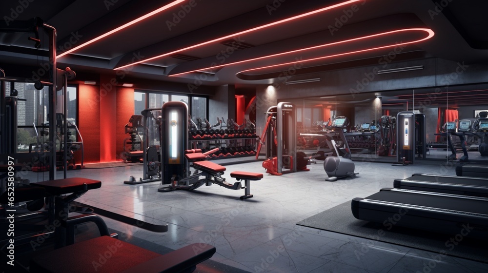 a modern gym interior with state-of-the-art equipment, motivating graphics, and fitness enthusiasts