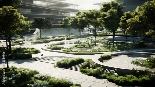 a minimalist urban park with essential landscaping, green spaces, and a sense of open simplicity