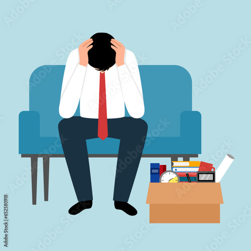 Dismissed employee sitting with his belongings box. Unemployment, crisis, jobless and employee job reduction concept vector design.
