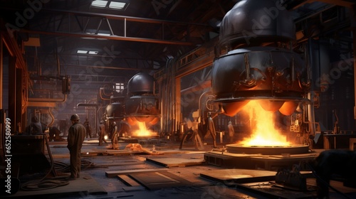 a modern foundry with molten metal, industrial furnaces, and skilled workers in protective gear photo