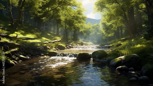 a peaceful river flowing through a forest  with dappled sunlight on the water s surface