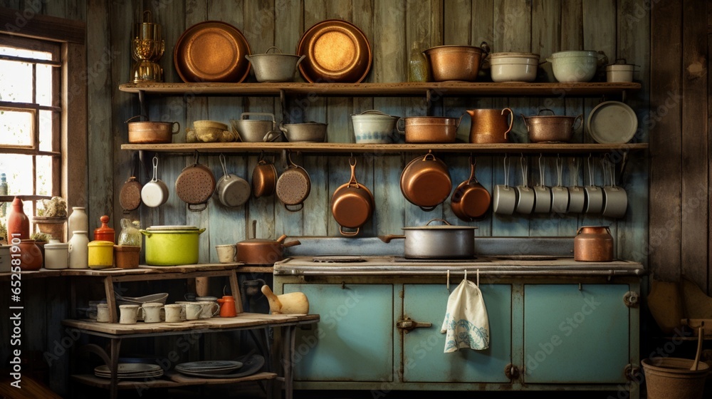 a retro image of a rustic, vintage kitchen with antique cookware and utensils