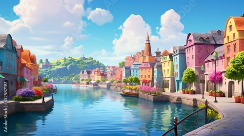 a serene riverfront town with colorful buildings, bridges, and reflections in the water