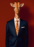 giraffe head in a suit and necktie on a red background