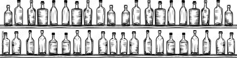 bottle drinks shelf sketch drawing bottle drinks shelf sketch drawing