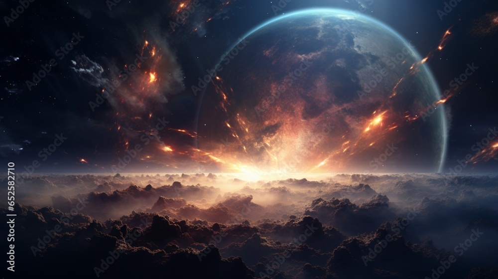 a space scene featuring a breathtaking view of a distant supernova explosion
