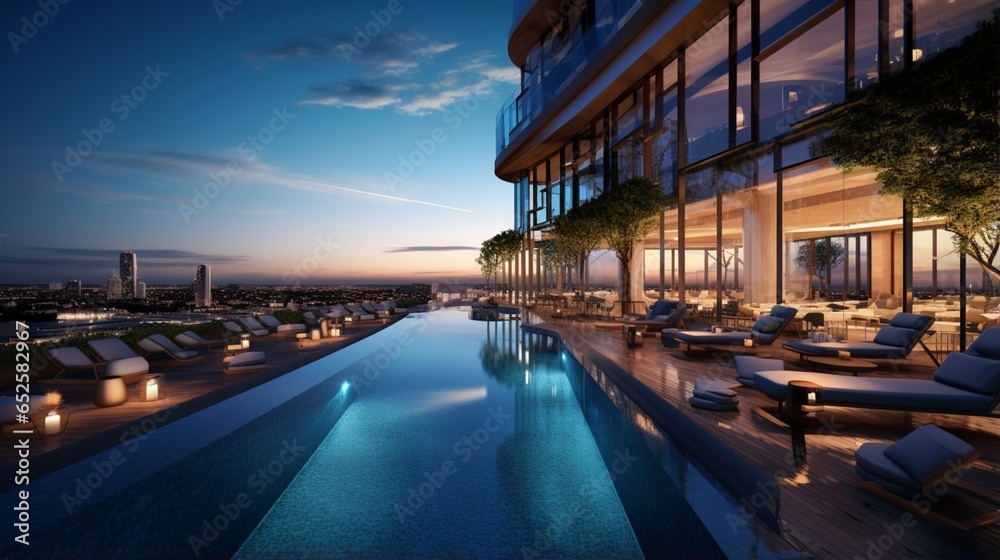 a sumptuous rooftop pool bar with infinity pools, skyline views, and poolside luxury