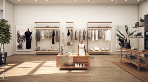 a stylish retail boutique with minimalist displays, designer fashion, and a trendy shopping experience photo