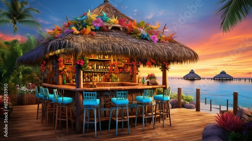 a tiki hut bar with colorful cocktails  beachfront seating  and island vibes