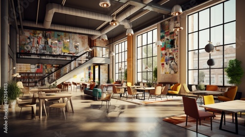 a trendy co-working space in a renovated industrial building, fostering creativity and collaboration