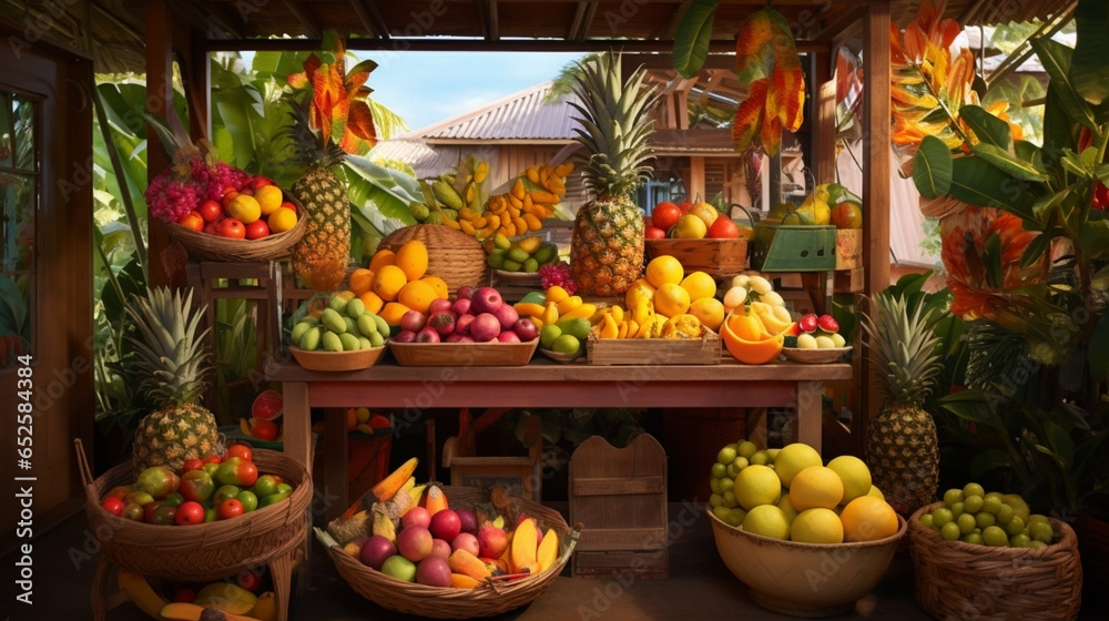 a tropical island market with fresh fruits, crafts, and the vibrant colors of paradise