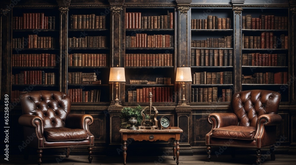 a vintage background featuring an antique library with leather-bound books and dim lighting - obrazy, fototapety, plakaty 