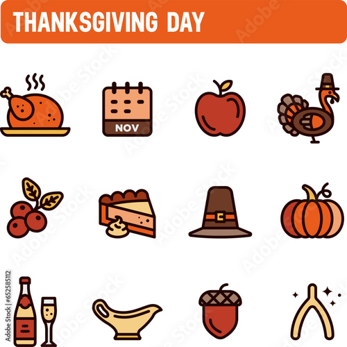 Thanksgiving day icons. Traditional american dinner vector set. November. Color icon design.