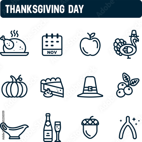 Thanksgiving day icons. Traditional american dinner vector set. November. Outline icon design.