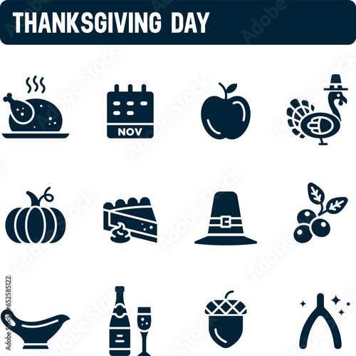 Thanksgiving day icons. Traditional american dinner vector set. November. Filled icon design.