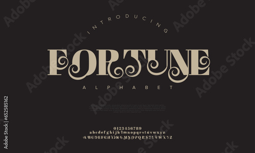 Fortune premium luxury elegant alphabet letters and numbers. Elegant wedding typography classic serif font decorative vintage retro. Creative vector illustration