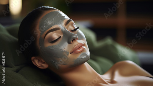 Beautiful woman with good skin with gray clay mask lying on spa bed  having organic beauty treatment in modern beauty clinic.