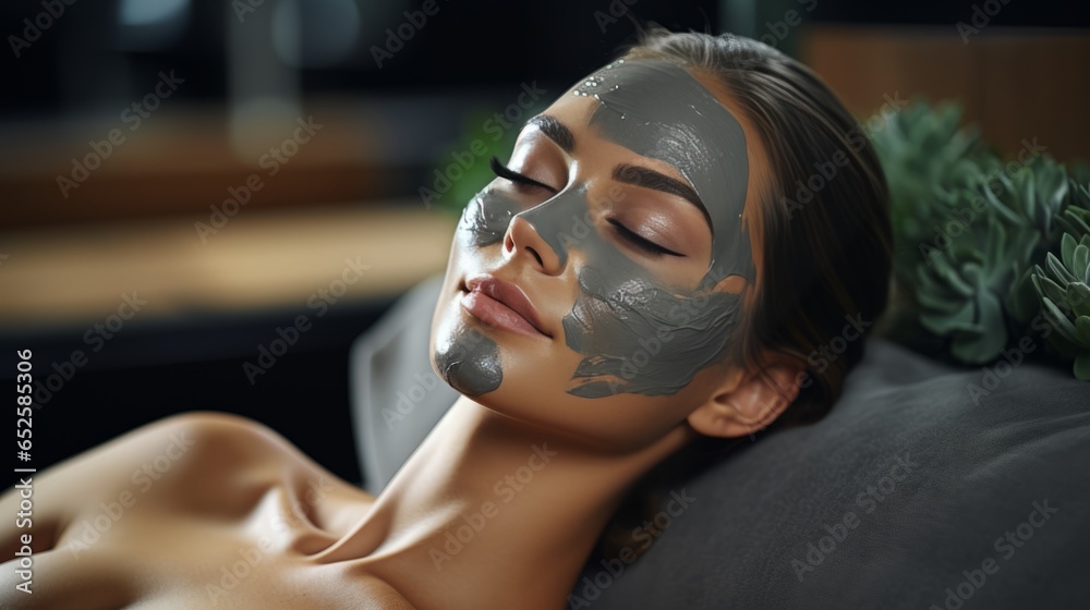 Beautiful woman with good skin with gray clay mask lying on spa bed, having organic beauty treatment in modern beauty clinic. Beautiful woman with good skin with gray clay mask lying on spa bed, having organic beauty treatment in modern beauty clinic.