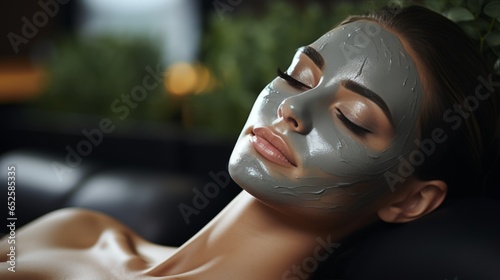 Beautiful woman with good skin with gray clay mask lying on spa bed, having organic beauty treatment in modern beauty clinic.