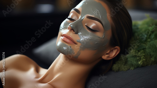 Beautiful woman with good skin with gray clay mask lying on spa bed, having organic beauty treatment in modern beauty clinic.