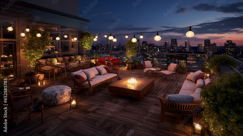 an eclectic rooftop bar with an unexpected mix of furnishings, offering an exciting urban nightlife