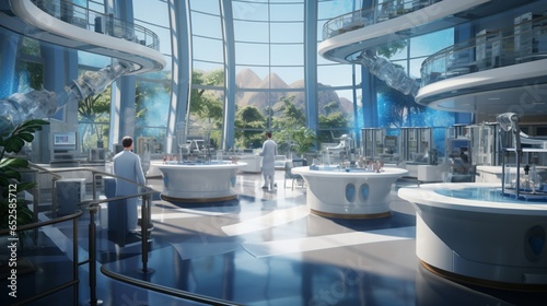 an advanced pharmaceutical research facility with chemists  lab coats  and the pursuit of medical advancements