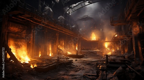 an advanced steel mill with blast furnaces, steelworkers, and molten metal pouring