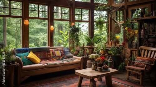 an eclectic forest cabin with a blend of natural and whimsical elements, celebrating woodland charm