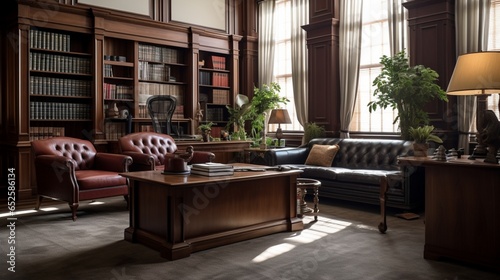 an elegant law firm office with mahogany furniture, legal books, and professional decor