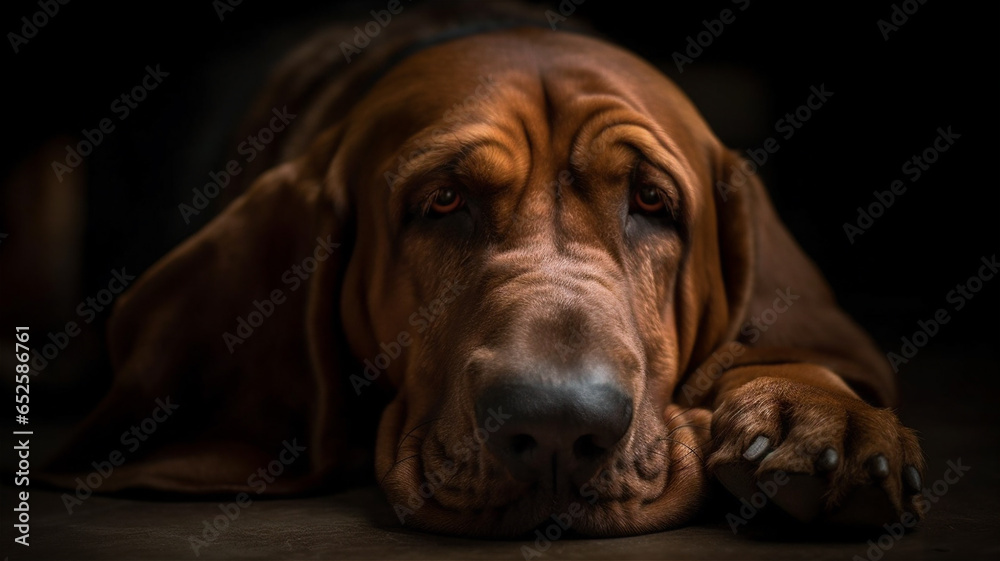 A portrait of loyal sleepy pet purebred bloodhound resting on a floor. Dark backdrop.