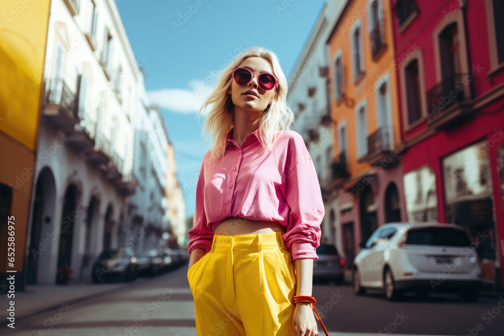 A fashion influencer in bright clothes on the street